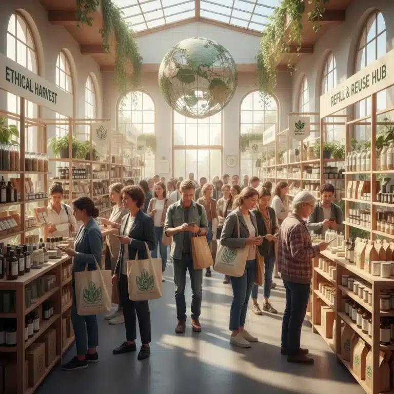Diverse shoppers choosing ethical products in a modern, sustainable marketplace