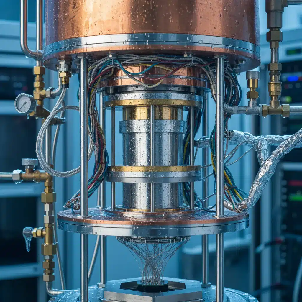 Cryogenic dilution refrigerator housing a quantum processor, showcasing complex engineering for quantum operations.