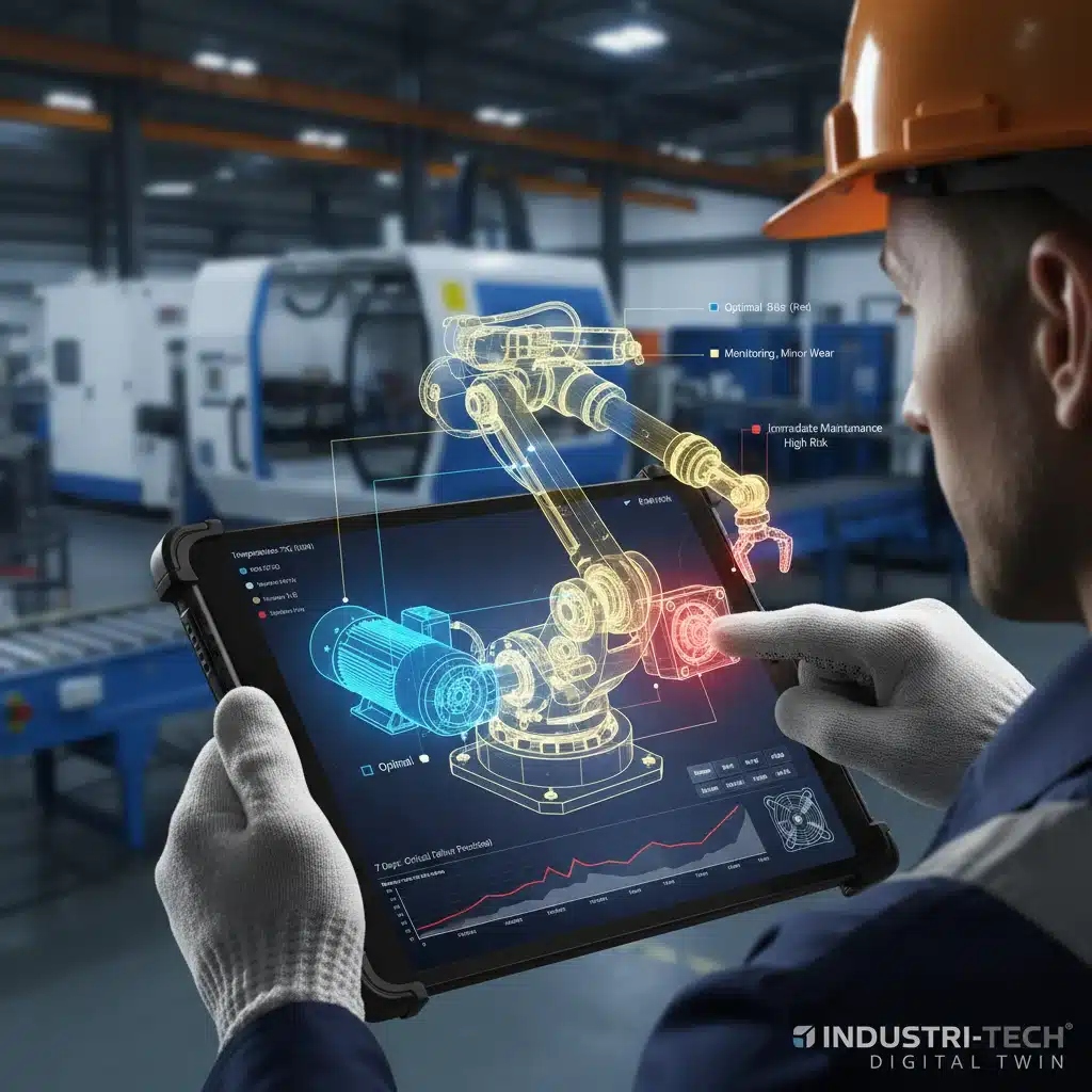 Digital twin of industrial machine showing predictive maintenance insights on a tablet