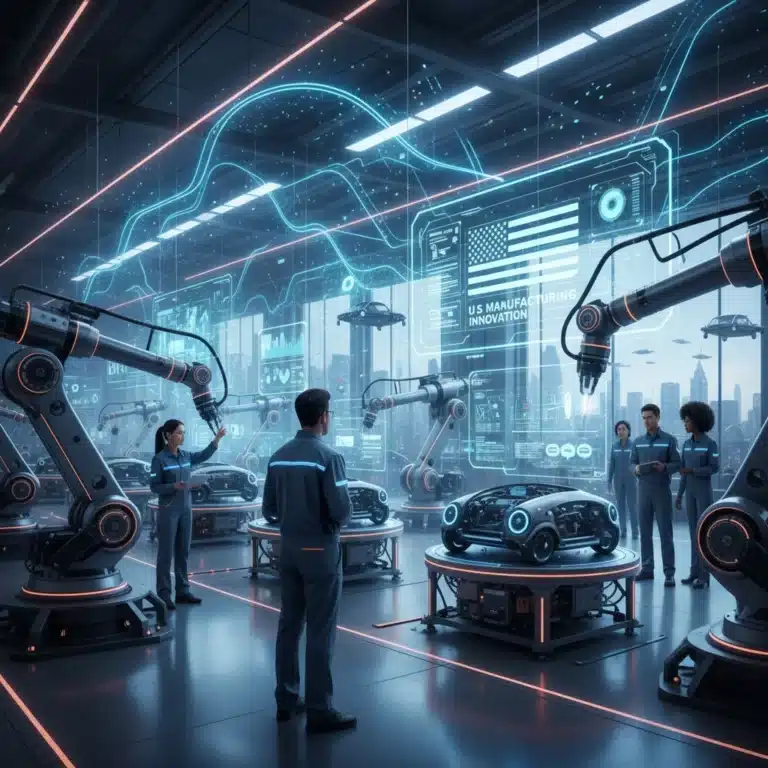 Futuristic manufacturing plant with robots and holographic displays powered by Edge AI