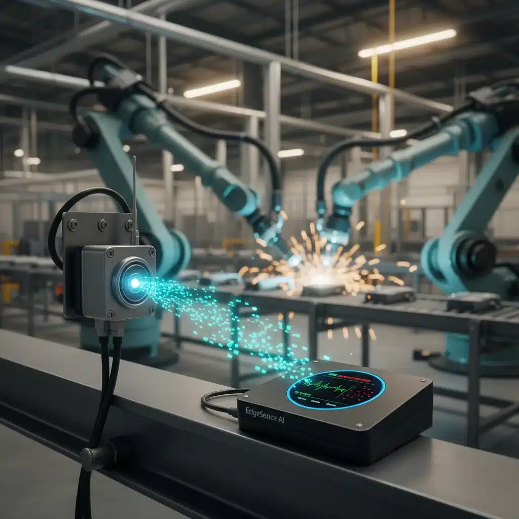 Edge AI device processing real-time sensor data on a factory floor for anomaly detection