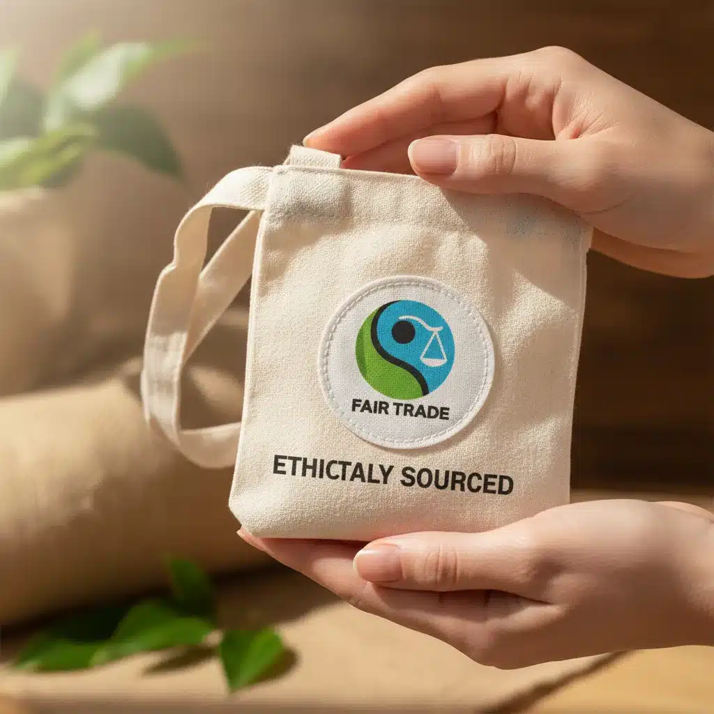 Hands holding a product with a prominent Fair Trade certification label