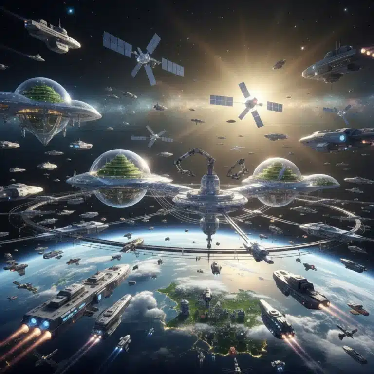 Futuristic space economy with advanced spacecraft and orbital stations