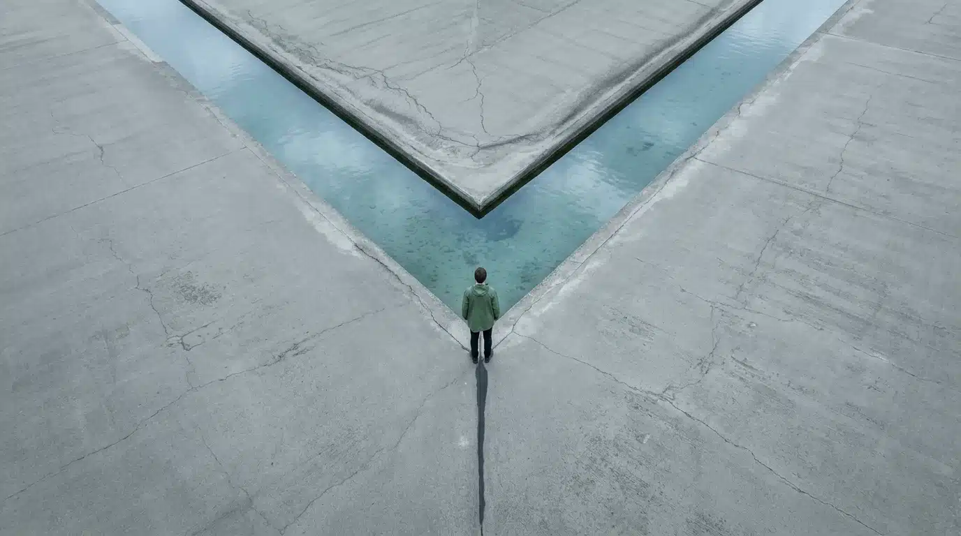 Aerial view of a person in a green rain jacket observing a geometrically reshaped riverbed, symbolizing societal shifts and changing courses.