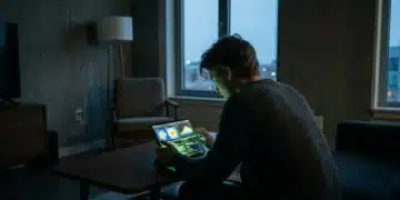A person, hunched over a tablet glowing with data visualizations, sits in a dimly lit room, illustrating the pervasive influence of digital tools on daily routines and personal data tracking.
