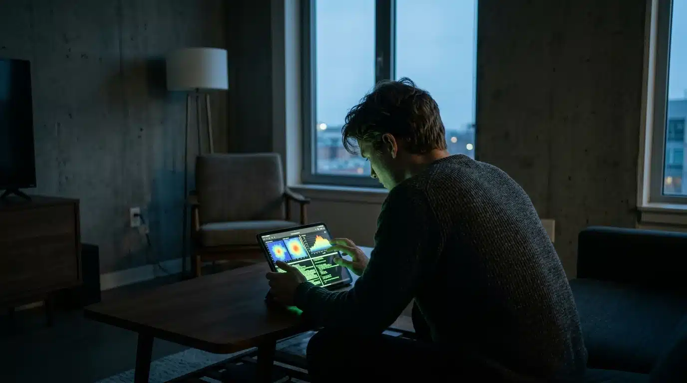 A person, hunched over a tablet glowing with data visualizations, sits in a dimly lit room, illustrating the pervasive influence of digital tools on daily routines and personal data tracking.