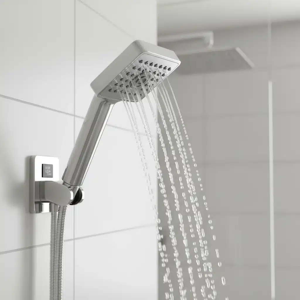 Close-up of a low-flow showerhead in action, demonstrating water efficiency.