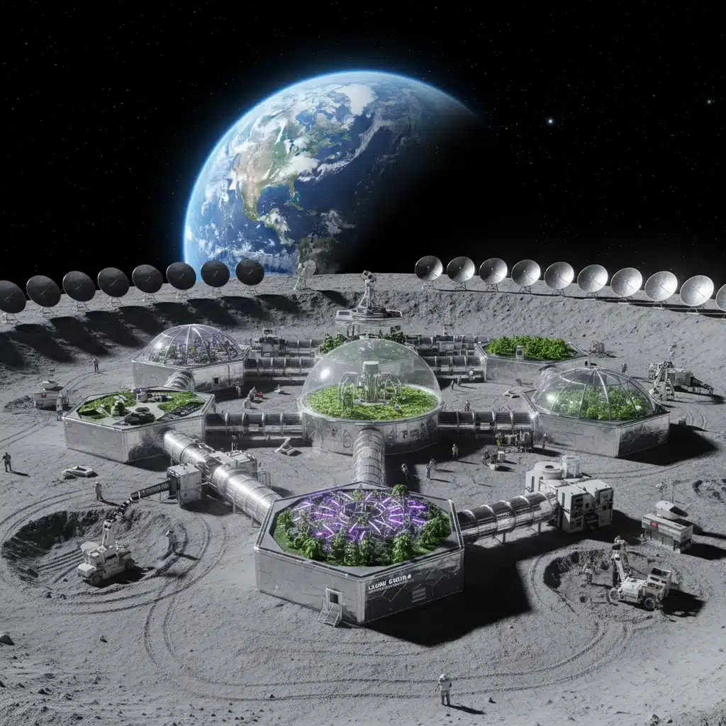 Conceptual lunar base with modular habitats and resource extraction