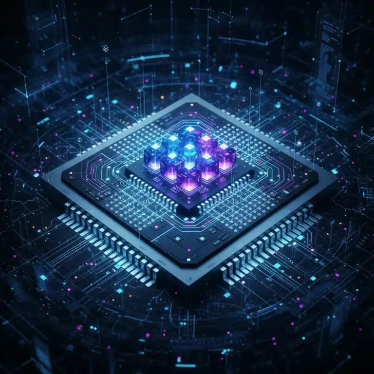 Futuristic quantum processor chip glowing with blue and purple light, representing advanced computing technology.