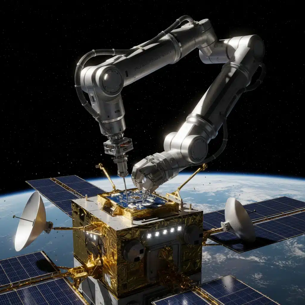 Robotic arm performing in-orbit satellite assembly