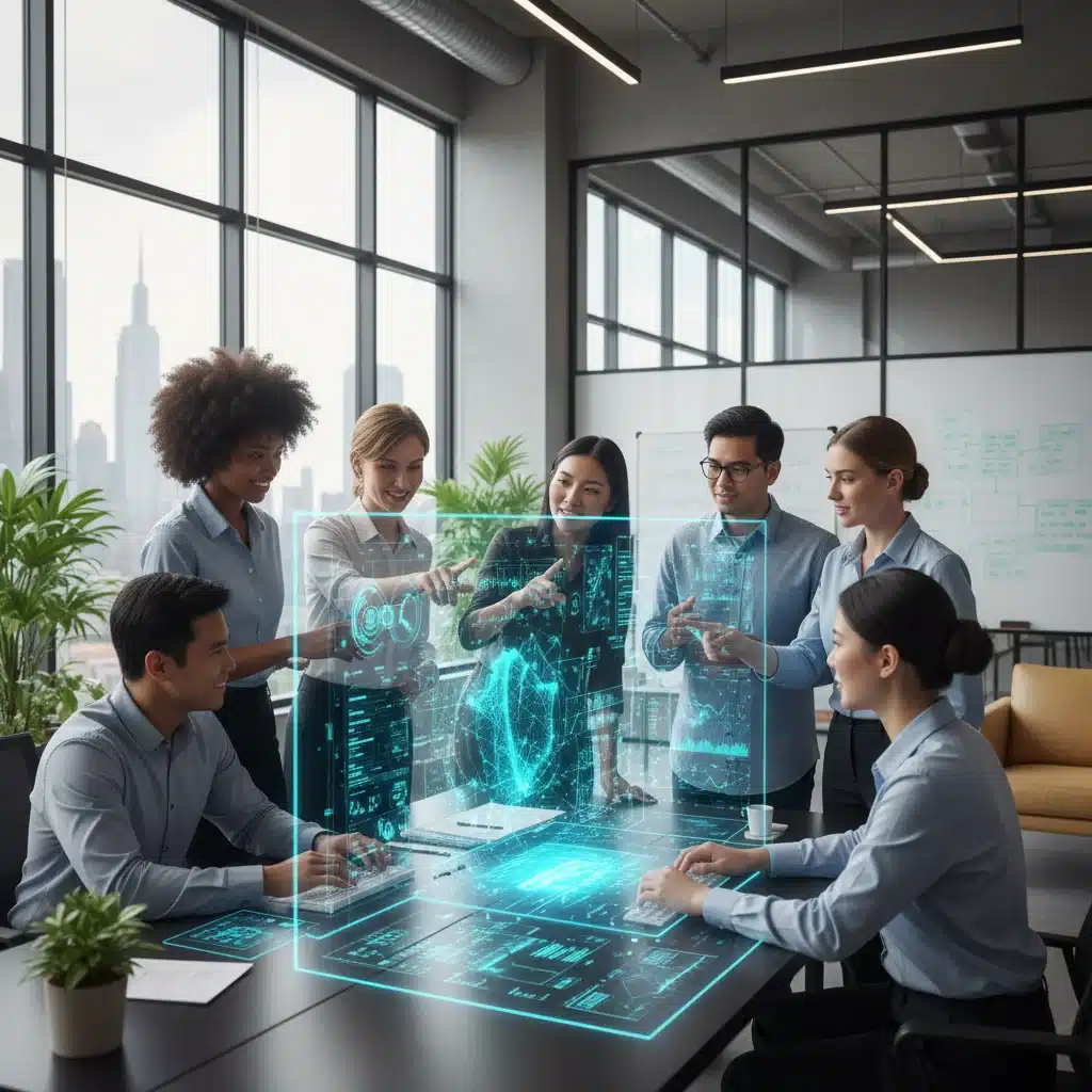 Diverse U.S. tech innovators collaborating on quantum algorithms using a holographic display, symbolizing innovation.