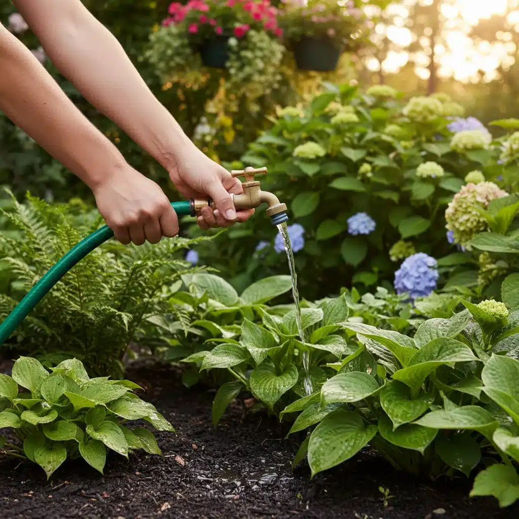 Hands turning off a garden hose, emphasizing responsible outdoor watering.