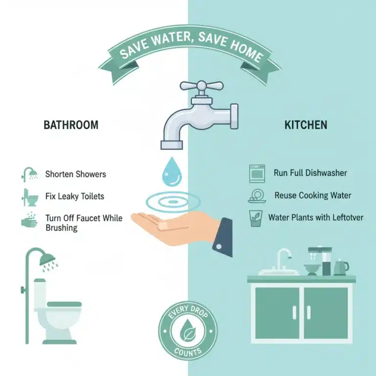 Infographic with water saving tips for home, showing a dripping faucet and cupped hands.